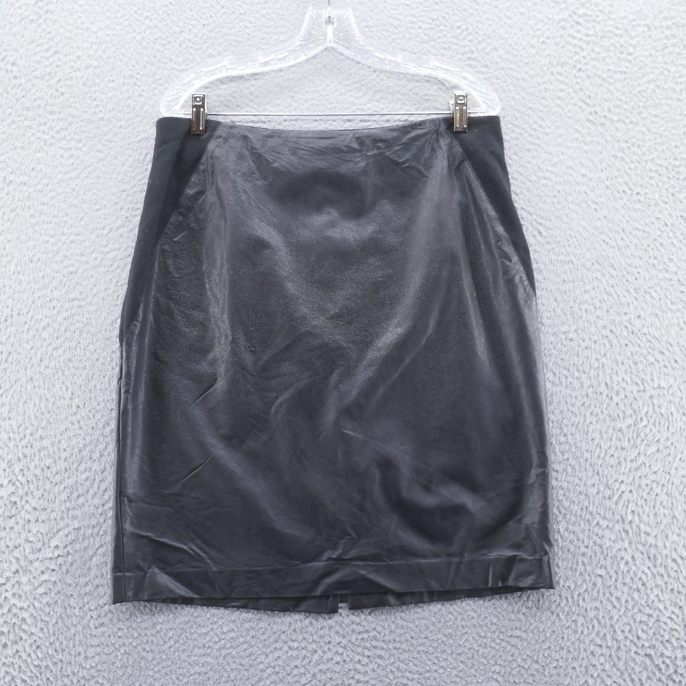Chicos Womens Faux Leather Pencil Skirt 2 Size 12 Black Knee Length Back Slit‎